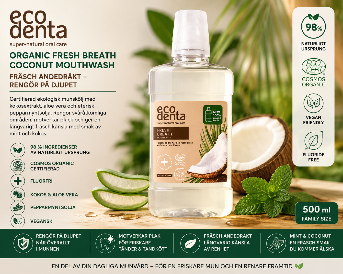 Ecodenta Organic Fresh Breath Coconut Mouthwash – 500 ml - Image 2